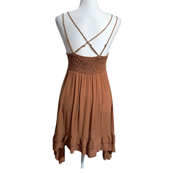 Y2K Justify L Rust Brown Leaf Lace Fairycore Boho Ruffle Mini Sundress Back - Picture 8 of 11